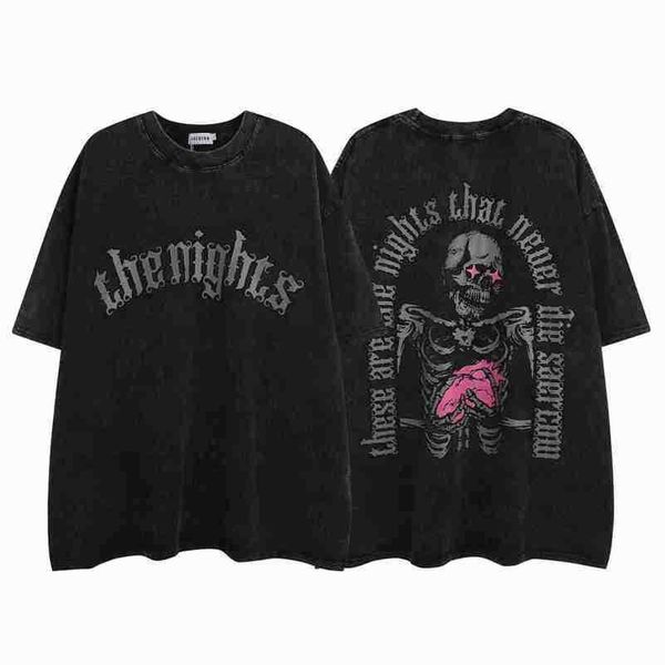 

stussys american style ins high street dark fashion brand trend street wash made old skull print short sleeved t-shirt half sleeved, White;black