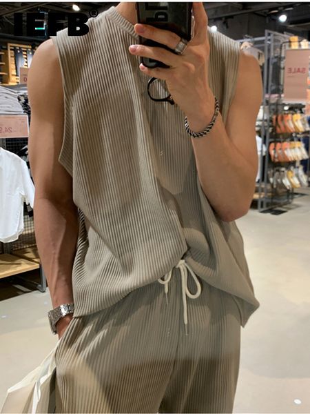 

men' tank iefb pleated sleeveless vest summer korean sports leisure wrinkled 2023 autumn round neck solid color 9a2393 230710, White;black