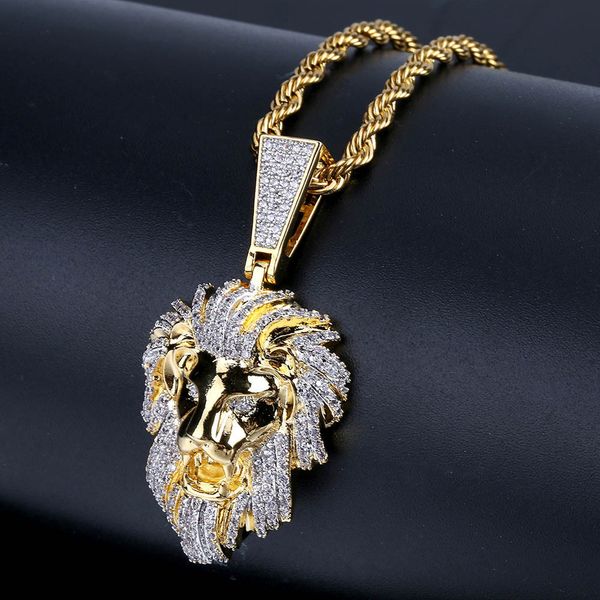 

hip hop lion head pendant necklace iced out men's 14k gold with charm rope chain, Silver