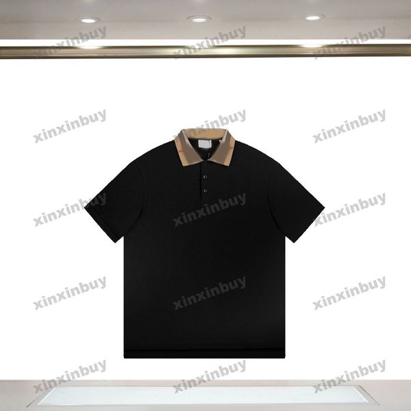 

xinxinbuy men designer tee t shirt 23ss knitted plaid collar polo short sleeve cotton women white black blue s-2xl, Black;brown