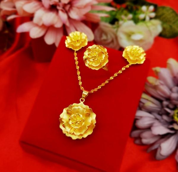 

vivid blooming flowers jewelry set 18k yellow gold filled wedding womens pendant earrings ring set engagement accessories5713349, Slivery;golden
