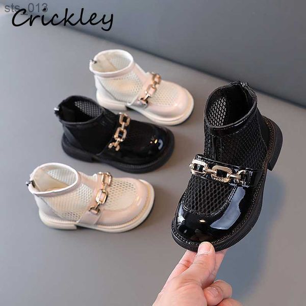 

spring summer chain decoration kids boots mesh solid patent leather ankle shoes for children non slip zipper girls fashion boots l230518, Black;grey
