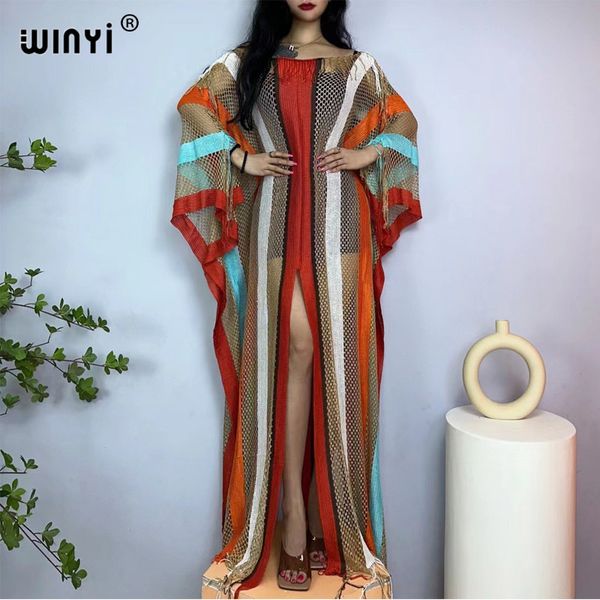 

women's swimwear winyi stripe print summer hollow knit tassels long dress elegant bikini cover-ups women beachwear swimsuit cover up dr, White;black