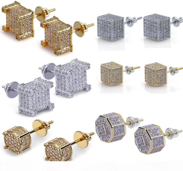 

hiphop gold plated earrings for men bling cubic zirconia hip hop ear studs brand design gem silver plated jewelry 5912676, Golden;silver