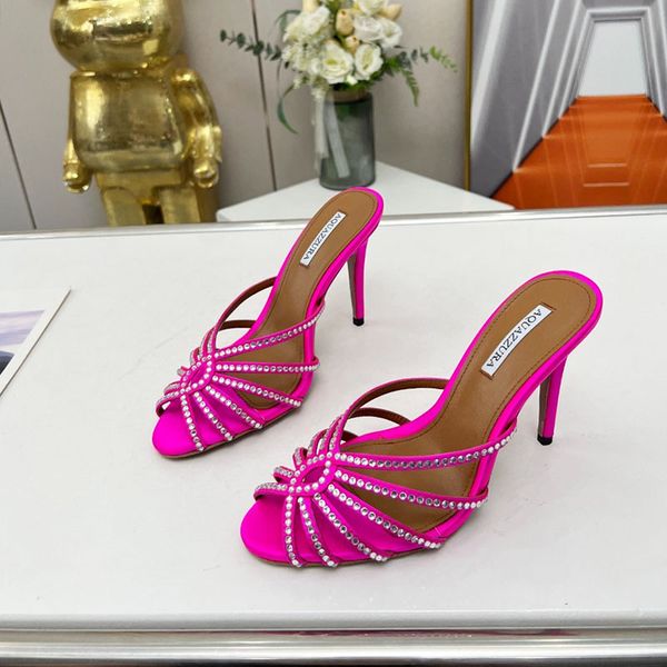 

aquazzura rhinestones flow mules slides sandals stiletto heels 10.5cm women's luxury designer genuine leather sole dress wedding shoes, Black