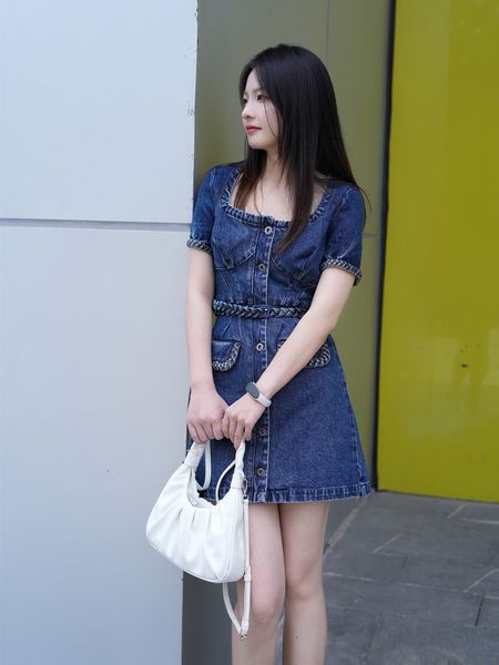 

s-elf-portrait ladies denim dress square neck short sleeve mini shirt dress, Black;gray