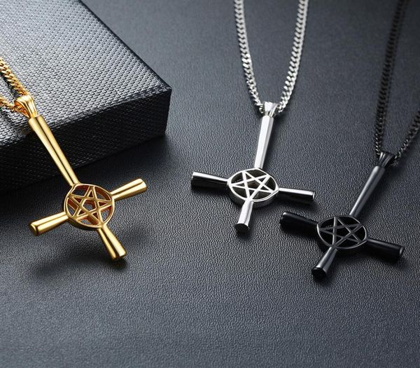 

church seal of satan cross nelaces pendant for men crucifix satanic stainless steel nelace male jewelry7627416, Silver