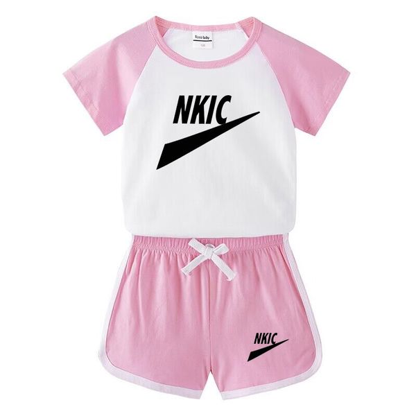 

summer baby boys girls brand logo cotton kids tracksuit short sleeve splice pink t-shirts children outfits sports set 2 pcs sets clothes, White