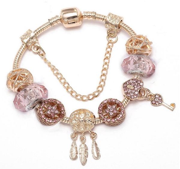 

silver pink crystal charm beads locker key & dream catcher fits european charms bracelets safety chain jewelry diy women7489716, Golden;silver