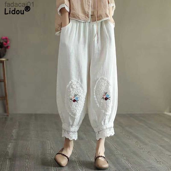 

folk elegant solid color embroidery bloomers pants summer women's clothing casual vintage loose elastic waist cropped pants l230621, Black;white