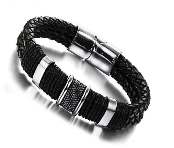 

wide mens weave chain leather bangle bracelet wristband pour insert magnetic buckle stainless steel bracelets for women couples br8661593, Black