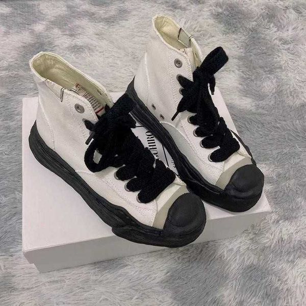 

maison mihara yasuhiro canvas mmy shoes dissolved shoes lace up wash men's and women's thick sole elevated casual shoes, Black