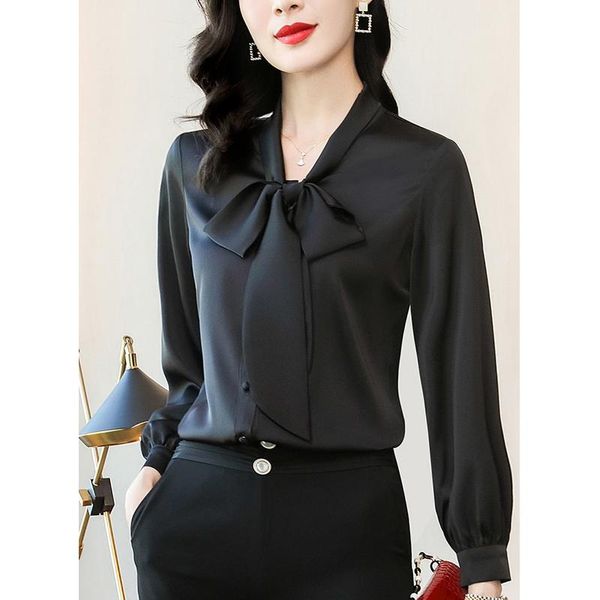 

capris spring summer oversized elegant fashion solid color bow shirt ladies long sleeve temperament allmatch blouse femme cardigan top, Black;white