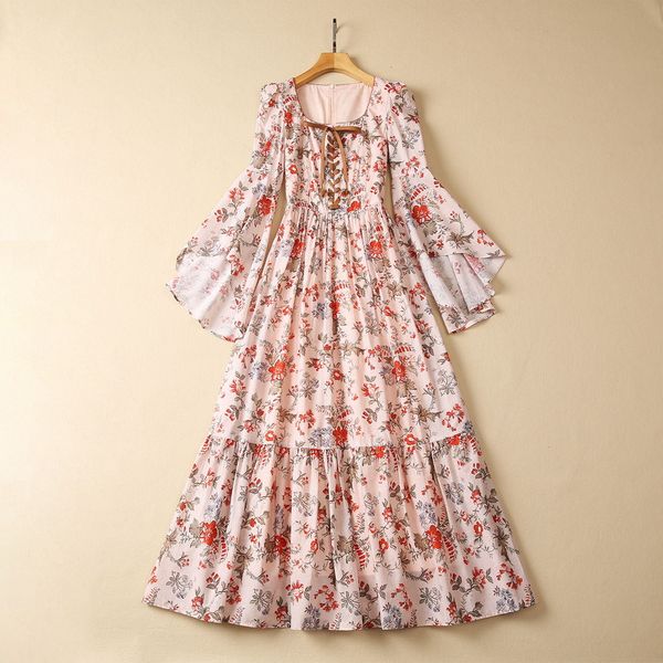 

european and american women's dress 2023 summer new style long sleeve flared sleeve square collar pink print cotton dress xxl, Black;gray