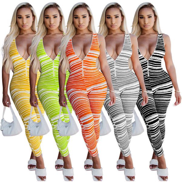 

2023 jumpsuits rompers bodysuit one piece new fashion stripe jumpsuit deep v tie zipper bodycon, Black;white