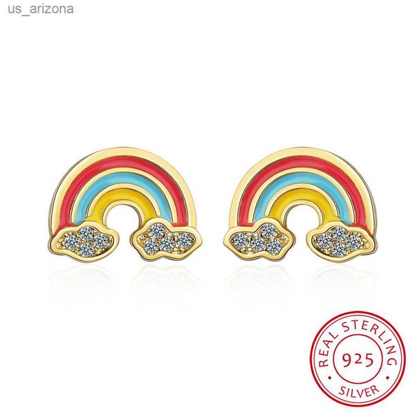

% 925 solid real sterling silver 5mmx12mm rainbow cloud with cz stud earring for teen girl friend kid lady xy1029 l230620, Golden;silver