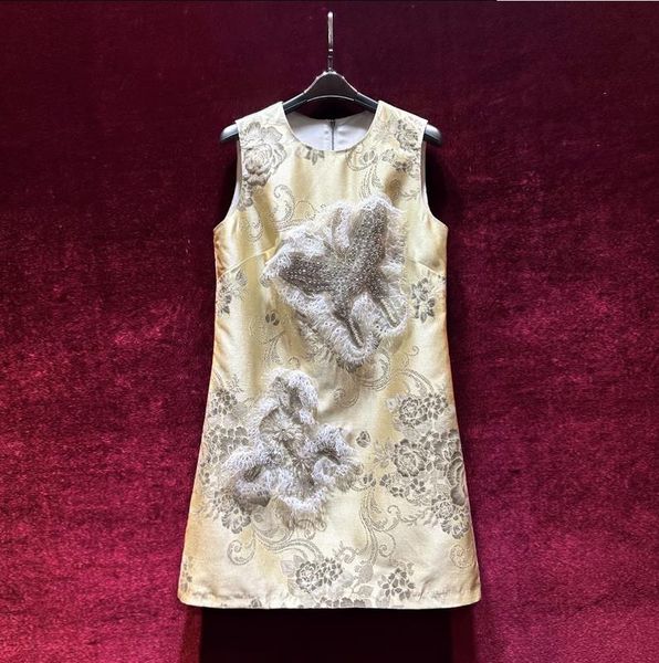 

european and american women's dress 2023 summer new style round neck sleeveless heavy butterfly nail bead fashion jacquard dress, Black;gray