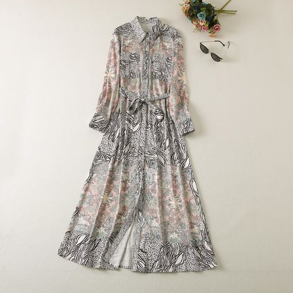 

european and american women's dress 2023 summer new style lapel long sleeves leopard print single-breasted dress xxl, Black;gray