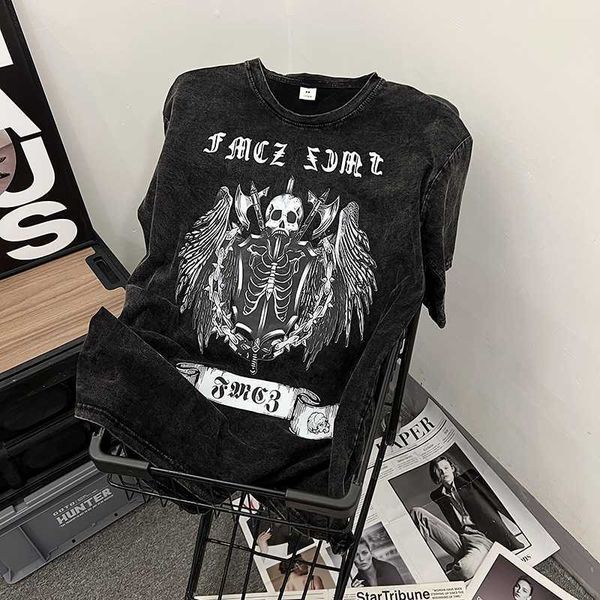 

stussys haoshizun american style pure cotton skull made old washed short sleeved t-shirt for men and women, dark high street five point midd, White;black