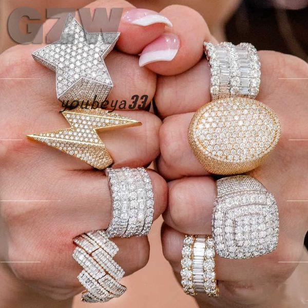 

hip hop cubic zirconia pentagram finger ring band mens iced out gold bling baguette diamond rings for women men boyfriend weddiing aesthetic, Silver