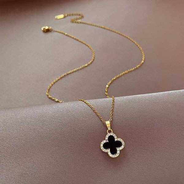 

net red temple gold full diamond four leaf grass necklace women's 18 gilded temperament fashionable colorless simple and elegant, Silver