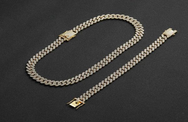

iced out cuban chain necklace 12mm hip hop jewelry set full miami cubanlink gold color rhinestone bracelets for men4144274, Silver