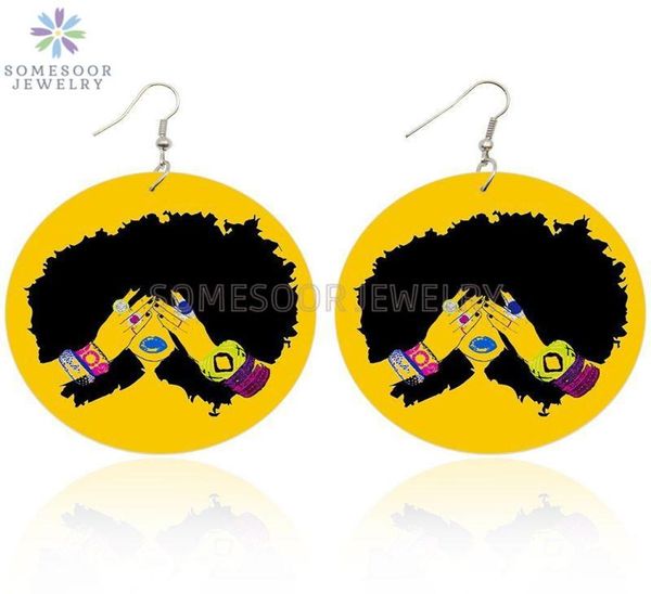 

afro curls natural hair wooden drop earrings melanin hiphop rock black girl loops both sides printed for women gifts dangle chan1736874, Silver