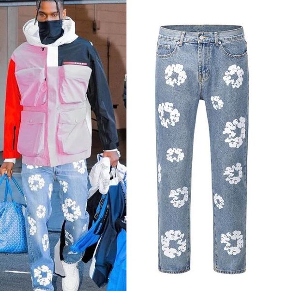 

flower full print jeans pants oversized streetwear straight casual men and women denim trousers, Blue