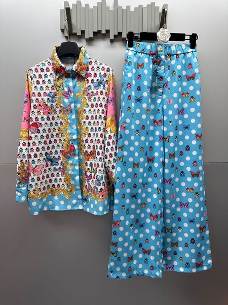 

fashion 2023 women's butterfly pattern set long sleeve oversized shirt and wide leg pants elegant tracksuit two 2 piece set outfits, White