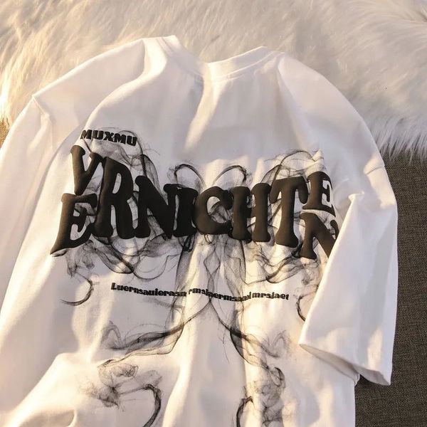 

mens tshirts american retro large size short sleeved tshirt men smoke print loose wild ins trend couple summer clothing y2k 230710, White;black