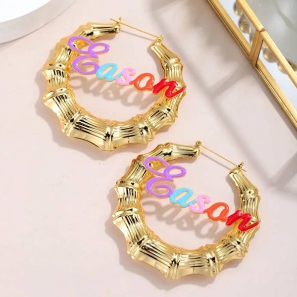 

hoop huggie 50mm90mm rainbow name bamboo earrings enamel custom big for women wedding dubai trendy 230707, Golden;silver