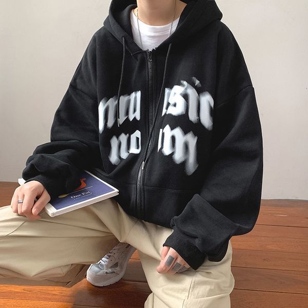 

men's hoodies sweatshirts men hip hop sweatshirt hoodie letter print streetwear harajuku pullover autumn long sleeve zip casual jacket, Black