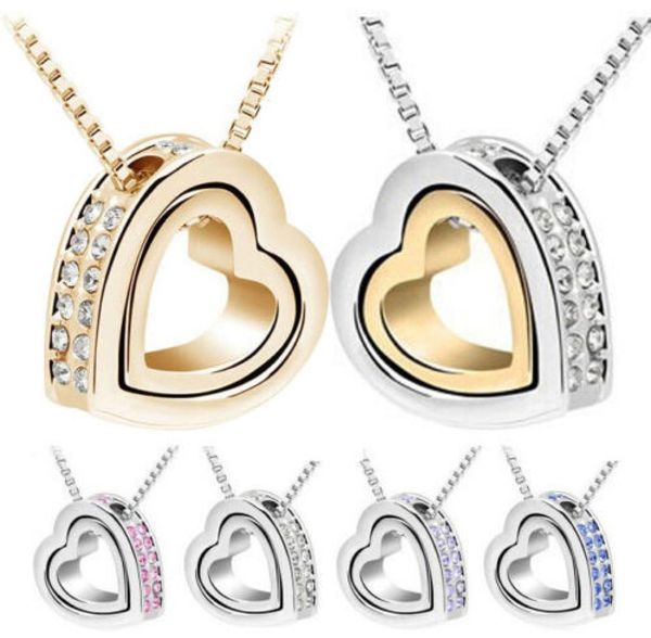 

qcooljly gold color heart in heart shaped austrian crystal pendant necklace fashion jewelry for women party gift9847064, Silver
