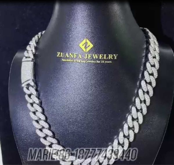 

14mm width man necklace hip hop jewelry iced out rapper necklace vvs moissanite pass diamond tester jewelry cuban link chain, Silver