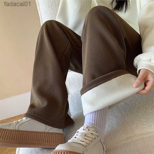 

autumn winter new corduroy trousers wide leg trousers winter straight trousers plush thickened casual women's trousers l230621, Black;white