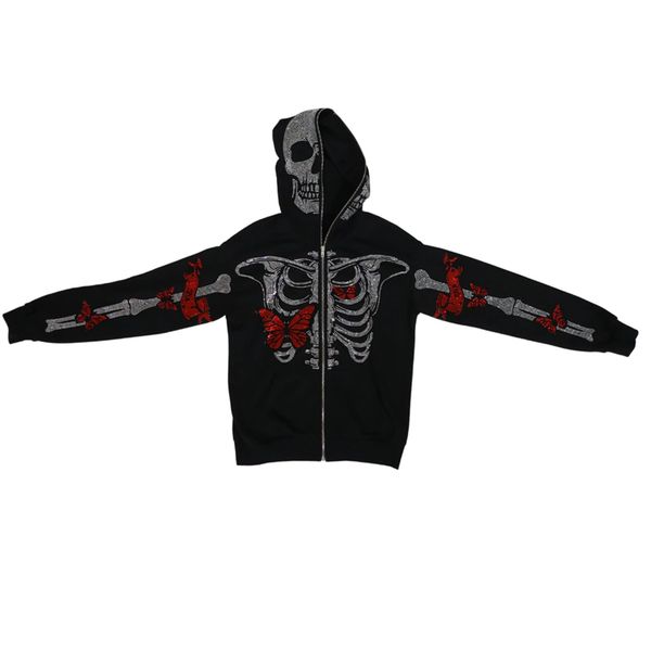 

men's hoodies sweatshirts zip-up hoodie men y2k clothes fashion hoodies cool rhinestones butterfly skeleton print sweatshirt zipper co, Black