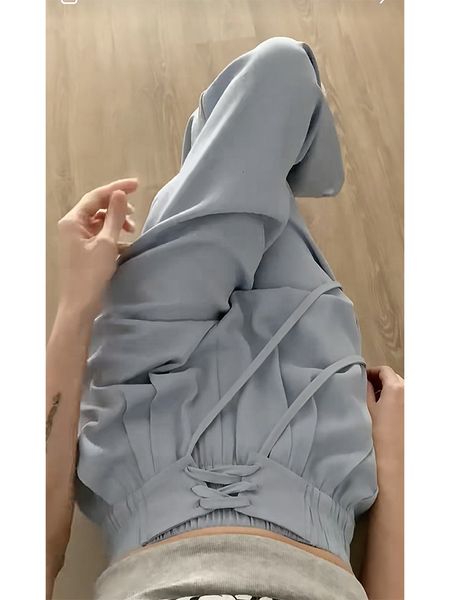 

men s pants 2023 women pleated tie up high waist cozy trousers straight wide leg baggy casual office ladies pant solid color design chic 230, Black