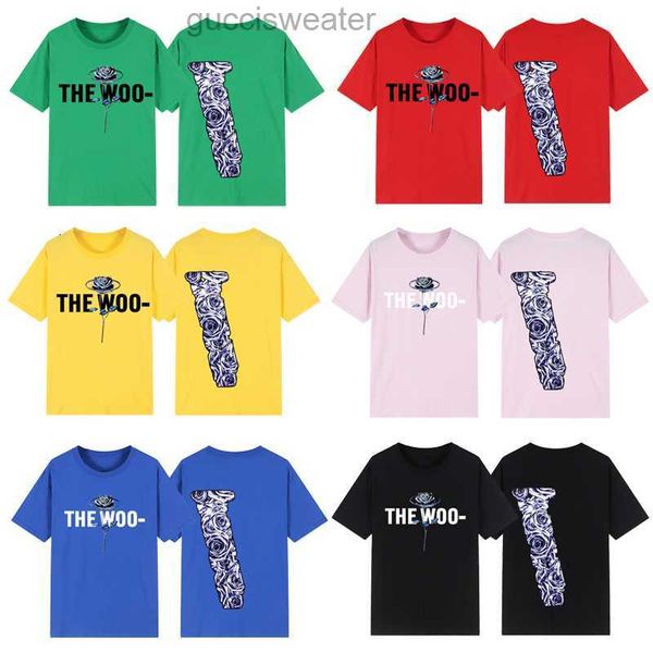 

designer streetwear men's t-shirts rose printed high street trendy brand vlones tees big v men women short sleeve hip hop style t-shirt, White;black