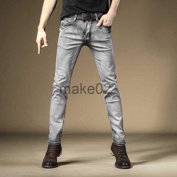 

men's jeans vintage jeans men's slim fit straight pants streetwear gray stretch denim trousers x0710, Blue