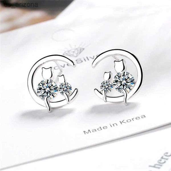 

karopel girl 925 sterling silver simple cute cat stud earrings for women zircon earrings gift jewelry women accessories l230620, Golden;silver
