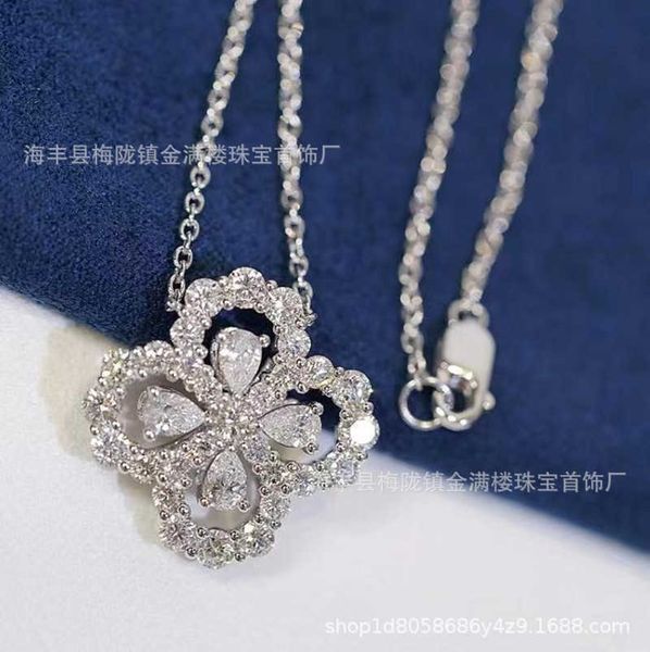 

hw four-leaf clover necklace women 925 sterling silver loop full diamond pendant water drop hollow flower collar chain