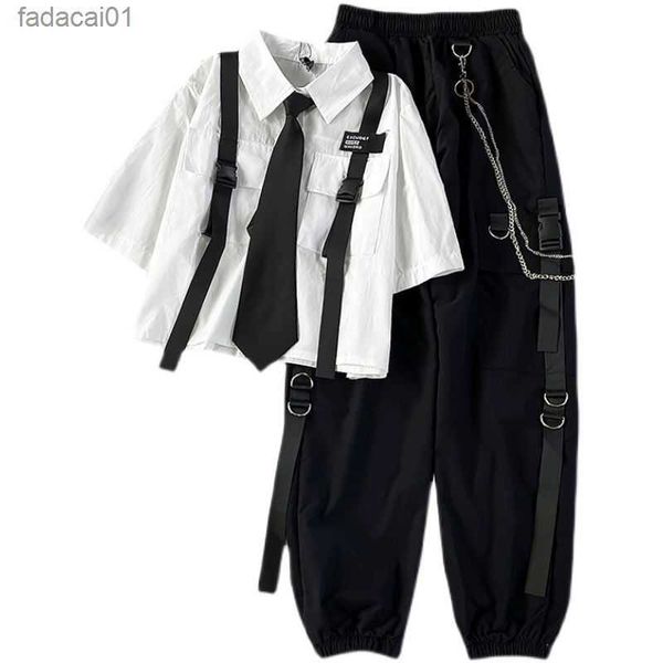 

fashion cargo pants suit female harajuku casual shirt shortsleeved high waist loose joggers trousers women pants streetwear l230621, Black;white
