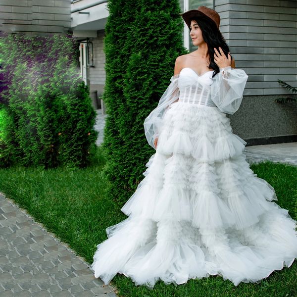 

graceful ruffles tiere ball gown wedding dresses off the shoulder puffy sleeve bridal gown draped multilayered tulle garden wedding gown, White