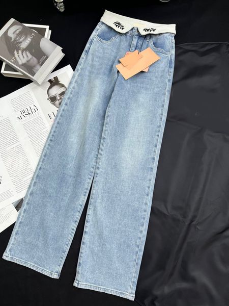 

2023 women's letter jeans street wear patchwork wide leg pants women high waist washed light blue denim pants