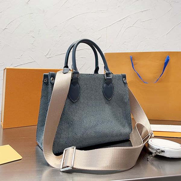 

denim jeans tote bag shoulder crossbody bags women canvas handbag round zipper purse classic letter old flower adjustable jacquard strap rea