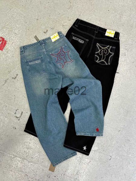 

men's jeans new baggy casual wide leg jeans men street retro hip hop print jeans trend fashion black highwaist jean y2k men clothing 20, Blue