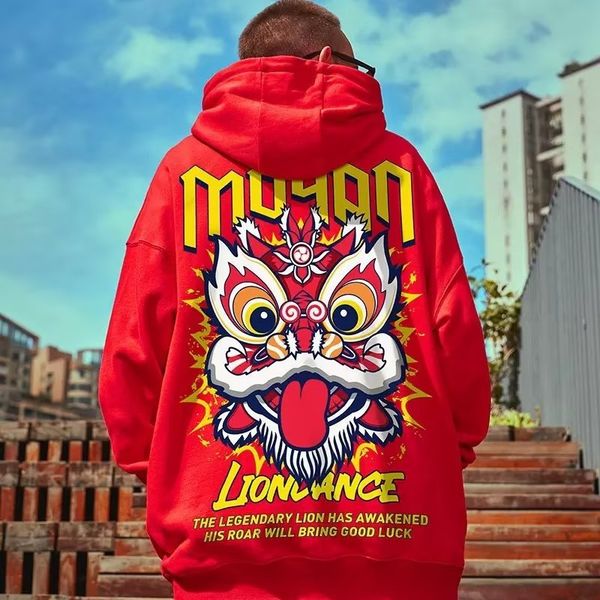 

men's hoodies sweatshirts good luck lion dance print men casual funny fleece loose oversized high street y2k pullover hoodie clothes 23, Black