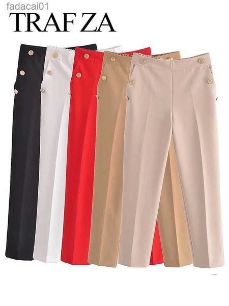 

trafza elegant chic pencil pants solid multicolor elastic side pockets button premium fashion slim fit versatile pants ladies l230621, Black;white