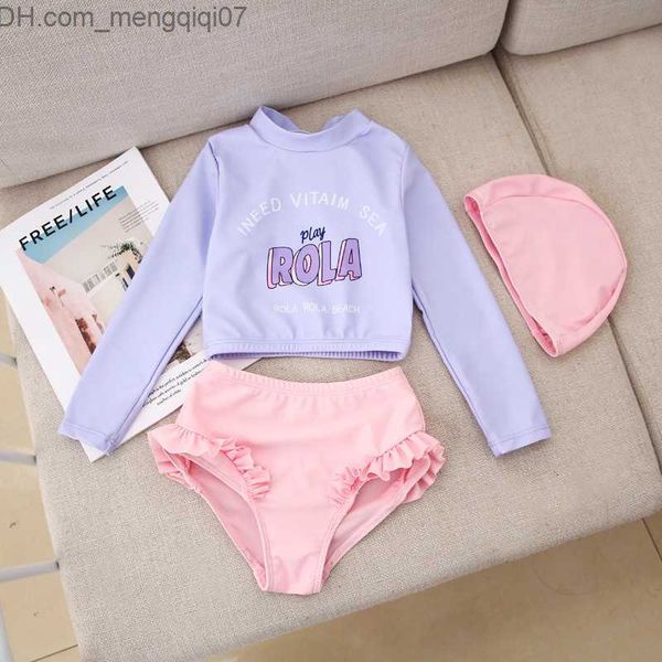 

two-pieces children's clothing girl split style swimsuit spring/summer solid long sleeved baby fashion children's swimsuit z230710, Blue