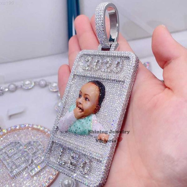 

rectangle bar pendant design with enamel portrait 3inch tall vvs moissanite iced out diamond pendant, Silver